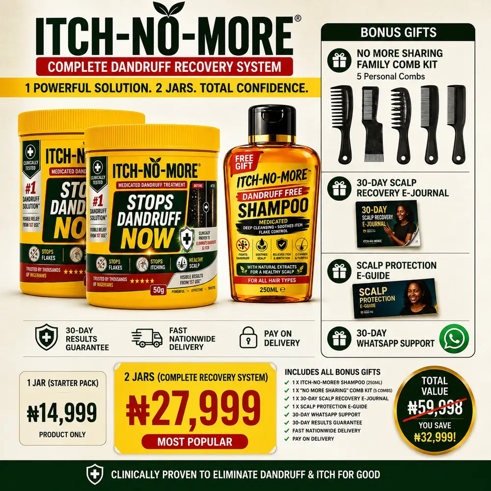 ITCH-NO-MORE complete dandruff recovery system with two jars, free shampoo, comb kit and guides